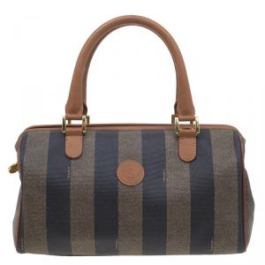 Pre Owned Fendi Brown Striped Pequin Canvas Vintage Boston Bag