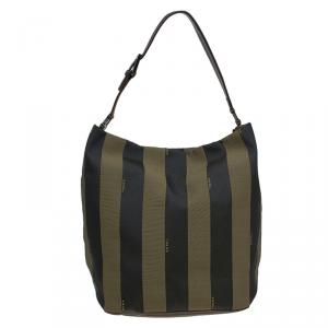 Pre Owned Fendi Tobacco Pequin Canvas Hobo