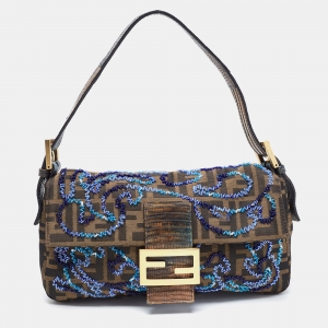 Fendi Tobacco Zucca Canvas Bead Embellished Baguette Bag