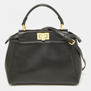 Pre Owned Fendi Black Leather Mini Peekaboo Top Handle Bag
