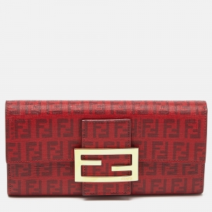Pre Owned Fendi Red Zucca Coated Canvas Flap Continental Wallet