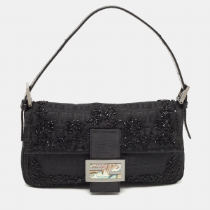 Fendi Black Zucca Canvas and Lizard Embossed Leather Beaded Baguette Bag