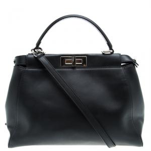 Pre Owned Fendi Black Leather Medium Peekaboo Top Handle Bag