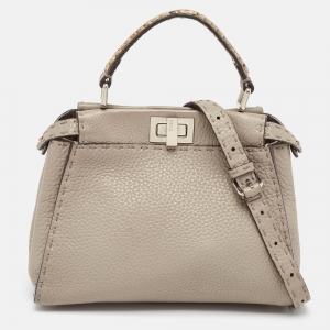 Fendi Beige Selleria Leather and Water Snake Handle Mini Peekaboo Top Handle Bag