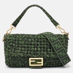 Fendi Green Jacquard Woven Fabric Medium Baguette Bag