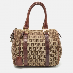 Fendi Brown/Beige Zucchino Canvas and Leather Small Forever Bauletto Bag