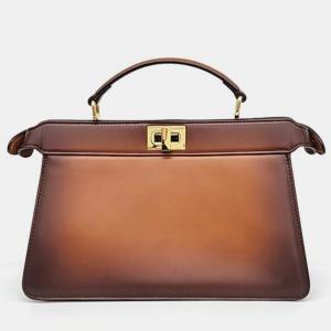 Fendi Brown Leather Peekaboo ISeeU East-West Top Handle Bag