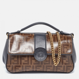 Fendi Black/Tobacco Zucca Coated Canvas and Leather Double F Top Handle Bag