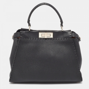 Pre Owned Fendi Black Selleria Leather Medium Iconic Peekaboo Top Handle Bag