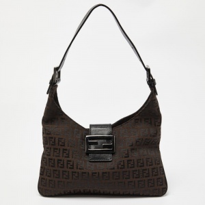 Fendi Tobacco Zucchino Fabric and Leather Baguette Flap Bag