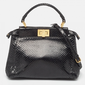 Pre Owned Fendi Black Snakeskin Mini Peekaboo Top Handle Bag