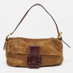 Fendi Brown Beaded and Leather Baguette Bag