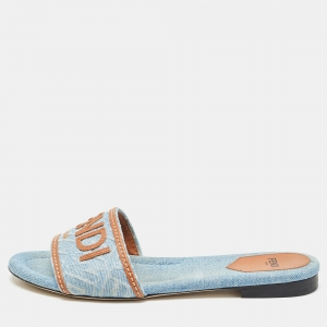 Pre Owned Fendi Blue/Brown Denim and Leather Signature Flat Slides Size 38.5