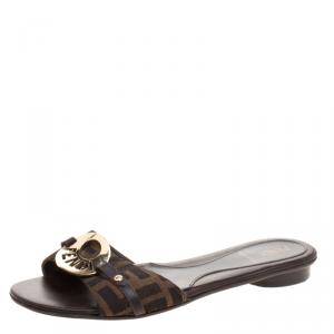 Pre Owned Fendi Tobacco Zucca Canvas Logo Disk Flat Slides Size 36