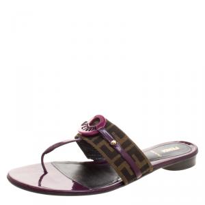 Pre Owned Fendi Purple Leather and Zucca Canvas Flat Thong Sandals Size 41.5