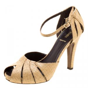 Pre Owned Fendi Beige Raffia Ankle Strap Platform Sandals Size 38
