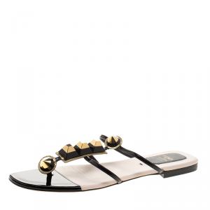 Pre Owned Fendi Gold Edition Black Patent Leather Studded Flats Size 40