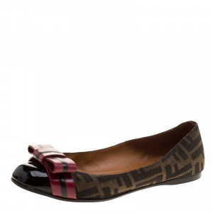 Pre Owned Fendi Tobacco Zucca Canvas and Leather Bow Ballet Flats Size 37.5