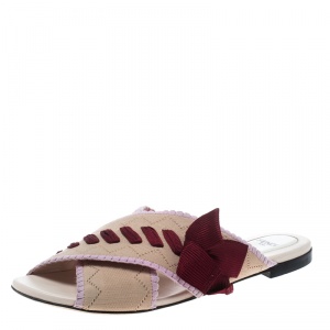 Pre Owned Fendi Beige Knit Fabric with Contrast Bow Cross Strap Peep Toe Flat Slides Size 39