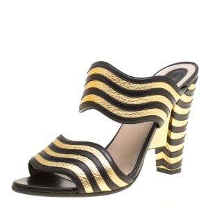 Fendi Black/Gold Wave Striped Leather Mules Size 38
