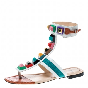 Pre Owned Fendi Multicolor Leather Studded Ankle Cuff Flat Sandals Size 36