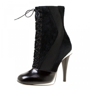 Pre Owned Fendi Monochrome Calf Hair and Leather Lace Up Calf Boots Size 38.5