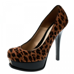 Pre Owned Fendi Leopard Print Pony Hair Logo Decollete Heels Platform Pumps Size 37