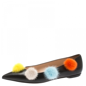 Pre Owned Fendi Black Leather And Mink Fur Pom Pom Ballerina Flats Size 37.5