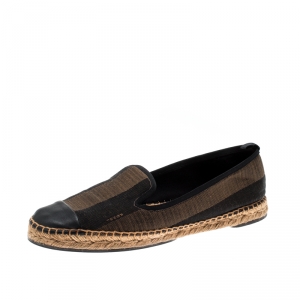 Pre Owned Fendi Brown Peqiun Striped Canvas and Blue Leather Cap Toe Espadrilles Size 40