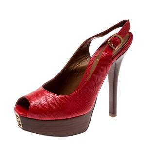 Pre Owned Fendi Red Lizard Embossed Leather Fendista Peep Toe Slingback Platform Pumps Size 38