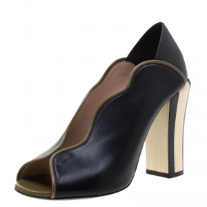 Pre Owned Fendi Black Leather Scallop Trim Open Toe Pumps Size 37.5