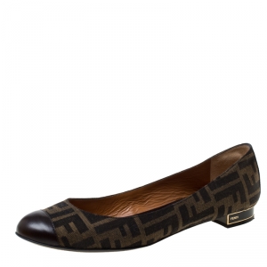 Pre Owned Fendi Brown Zucca Canvas and Leather Cap Toe Ballet Flats Size 40