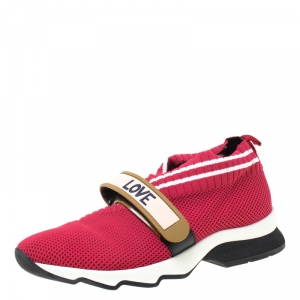 Pre Owned Fendi Red Knit Fabric Rockoko Sneakers Size 36