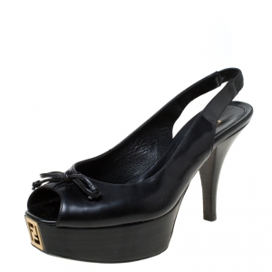 Pre Owned Fendi Black Leather Peep Toe Platform Slingback Sandals Size 35