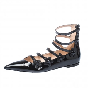 Pre Owned Fendi Black Patent Leather Flowerland Multistrap Flats Size 38