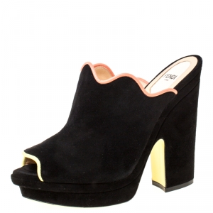 Pre Owned Fendi Black Suede Wave Mules Platform Sandals Size 39