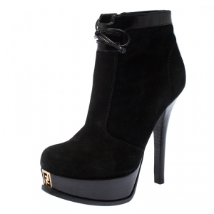 Pre Owned Fendi Black Suede and Leather Fendista Platform Ankle Boots Size 37