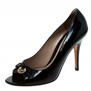 Pre Owned Fendi Black Patent Leather Bow Peep Toe Pumps Size 38.5