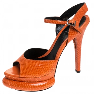 Pre Owned  Fendi Orange Python Leather Bubble Platform Ankle Strap Sandals Size 39