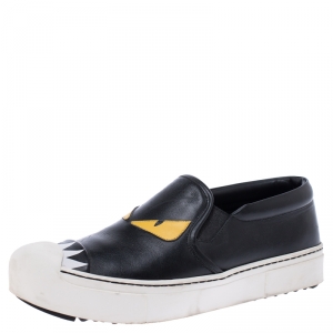 Pre Owned Fendi Black/Yellow Leather Monster Slip on Sneakers Size 37