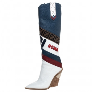 Pre Owned Fendi Multicolor Leather FF Monogram And Mania Logo Knee High Boots Size 38