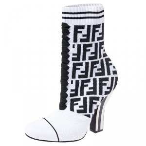 Pre Owned Fendi White/Black Zucca Stretch Knit Lace Ankle Boots Size 37.5