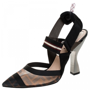 Pre Owned Fendi Black/Brown Mesh Colibri Slingback Pumps Size 36