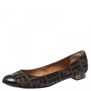Pre Owned Fendi Brown Zucca Canvas and Leather Cap Toe Ballet Flats Size 40