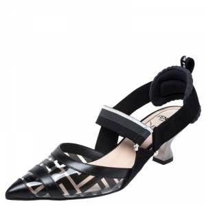 Pre Owned Fendi Black/Grey Leather, PVC And Fabric Colibri Slingback Pumps Size 36