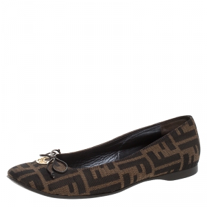 Pre Owned Fendi Tobacco Zucca Canvas Logo Bow Ballet Flats Size 38