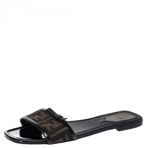 Pre Owned Fendi Tobacco Zucca Canvas Bow Flat Slides Size 38.5