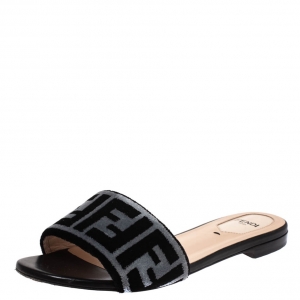 Pre Owned Fendi Black/Grey Zucca Velvet Slide Flats Size 36