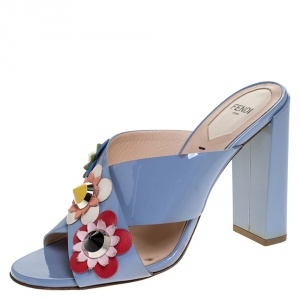 Pre Owned Fendi Blue Patent Leather Flowerland Block Heel Slides Size 38