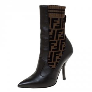 Pre Owned Fendi Brown Leather and Fabric Pointed Toe Ankle Boots Size 36